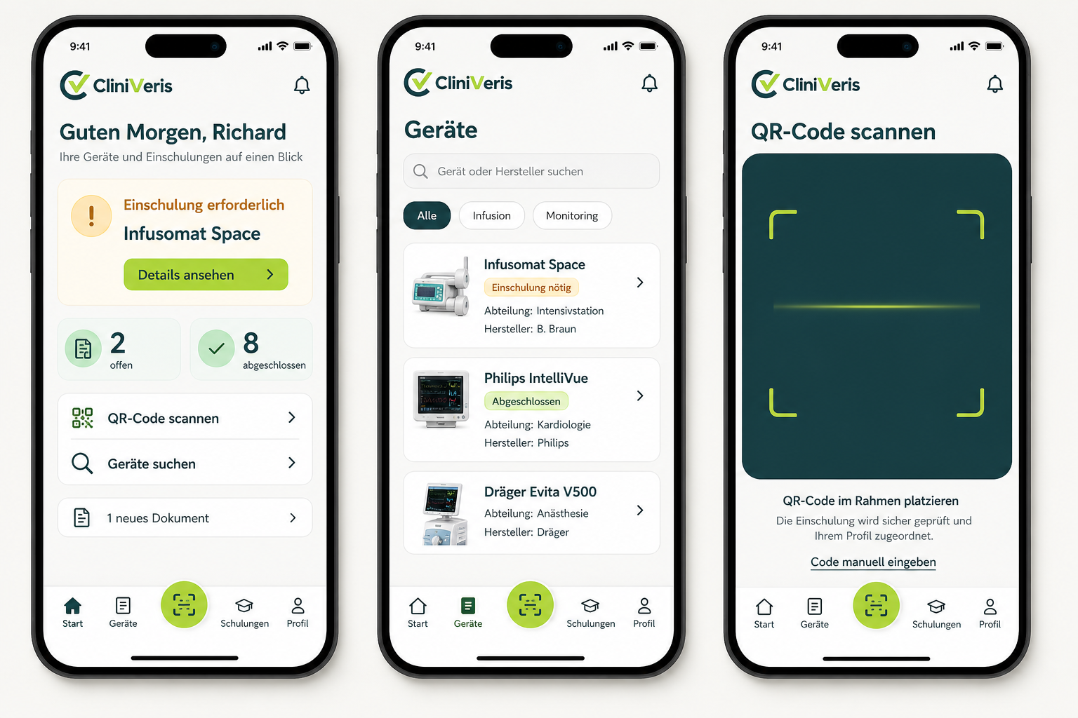 Mobile Designansichten: persönliche Übersicht, Gerätesuche und QR-Code-Scan